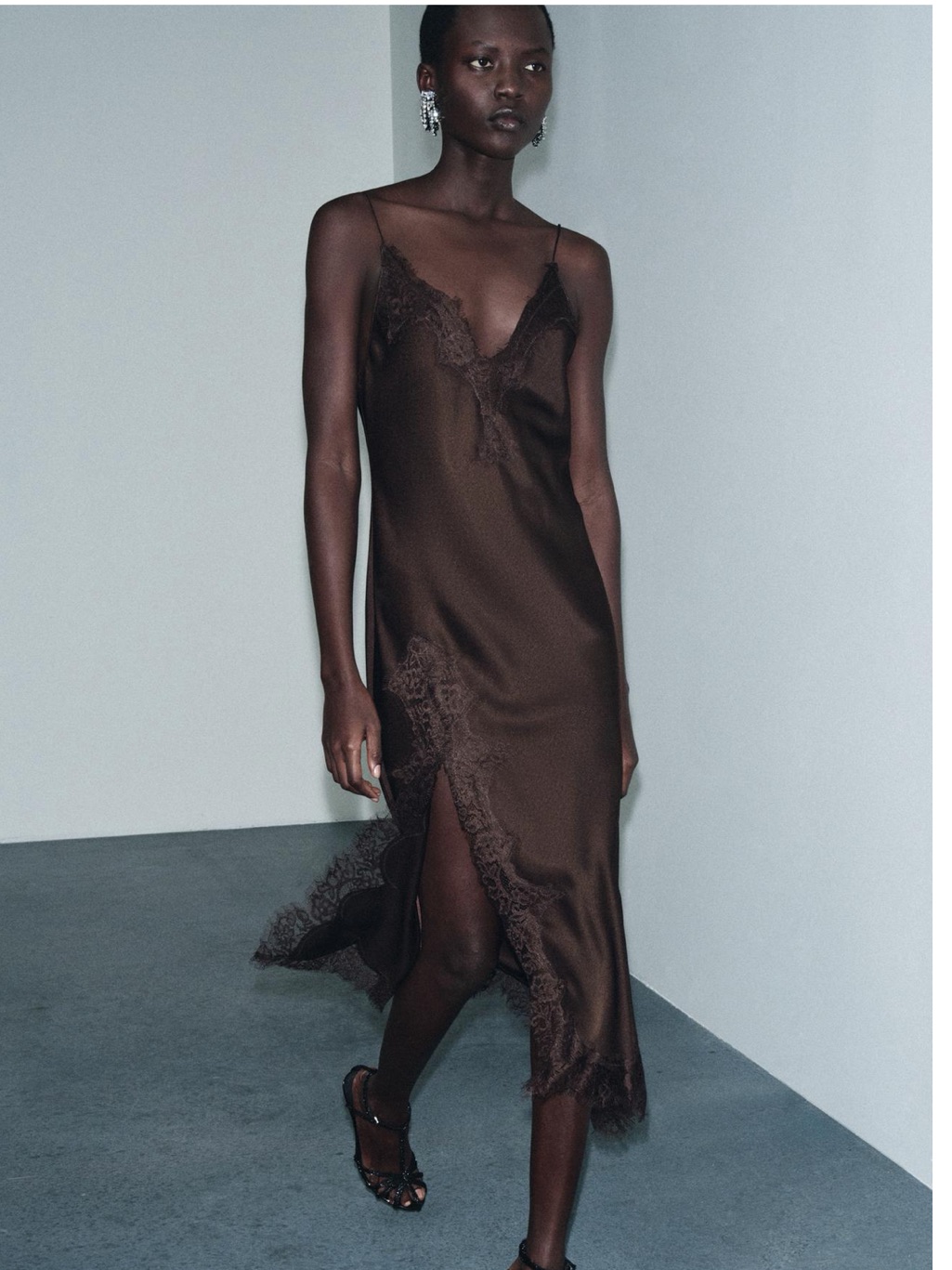 Zara Brown Satin Lace Slip Dress